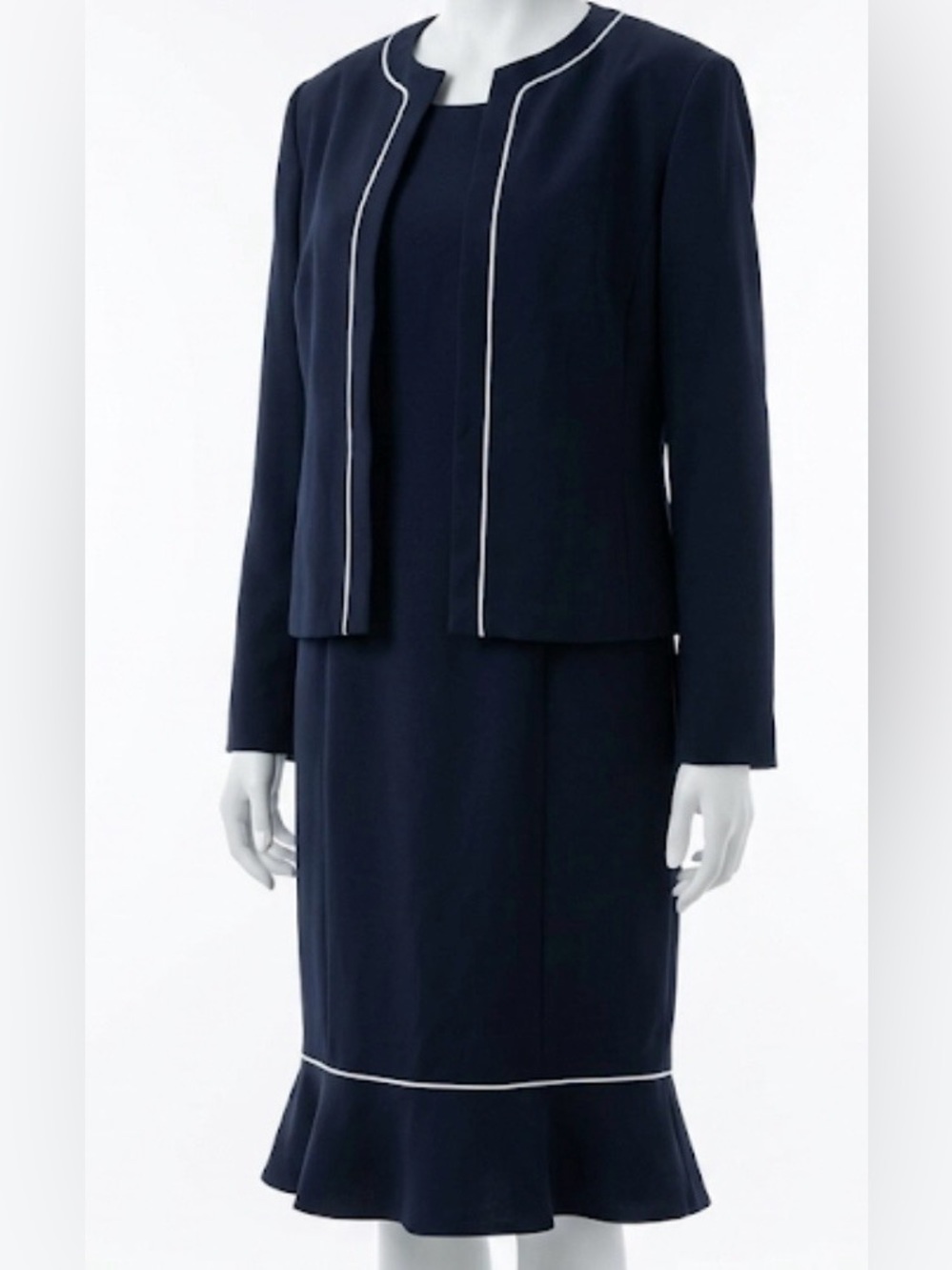 Dress Savvy Navy Two-Piece Skirt Suit with White Piping